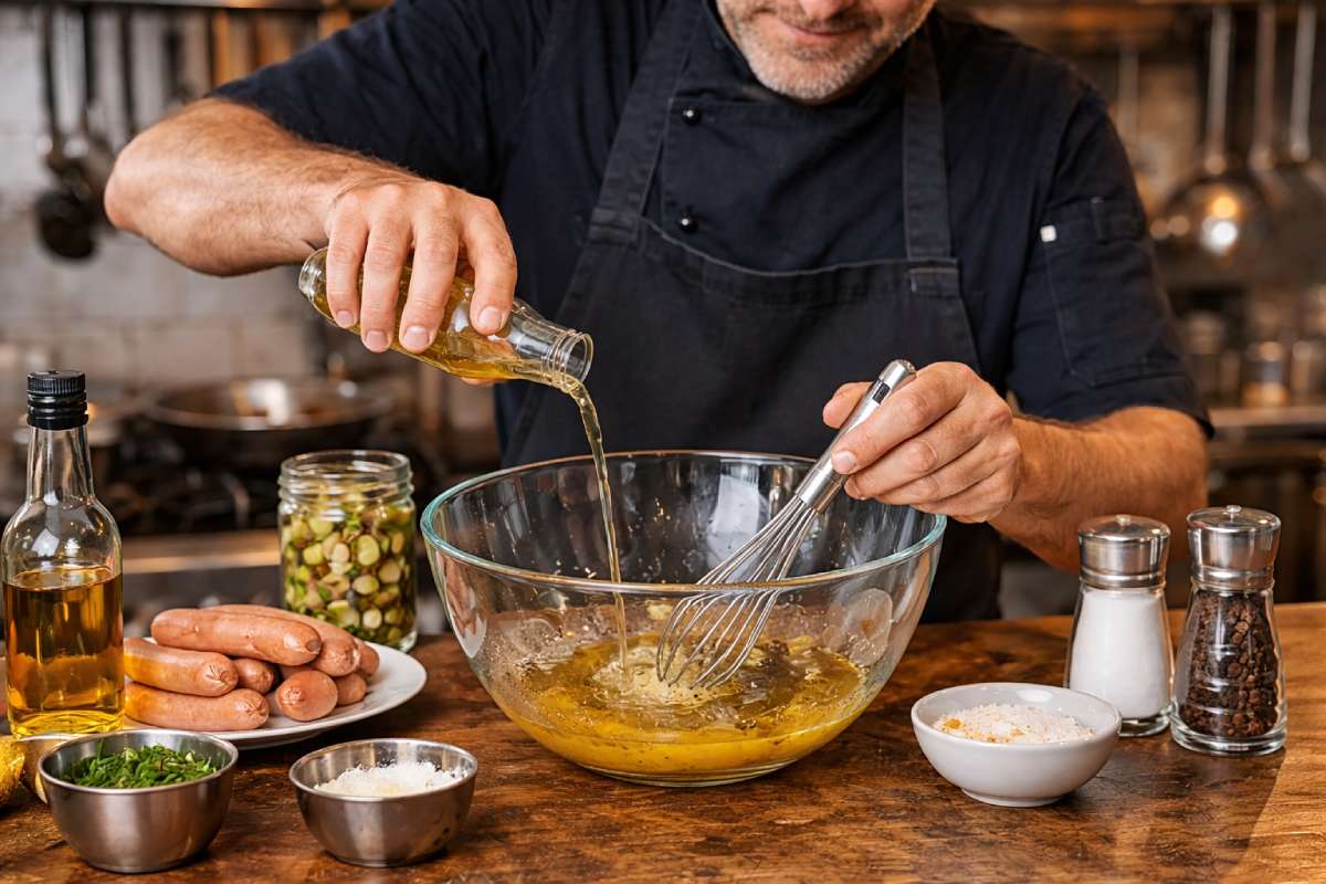Chef in a pub kitchen whisking Wurstsalat dressing in a glass bowl, with vinegar, oil, mustard, sugar, salt and pepper on the worktop.