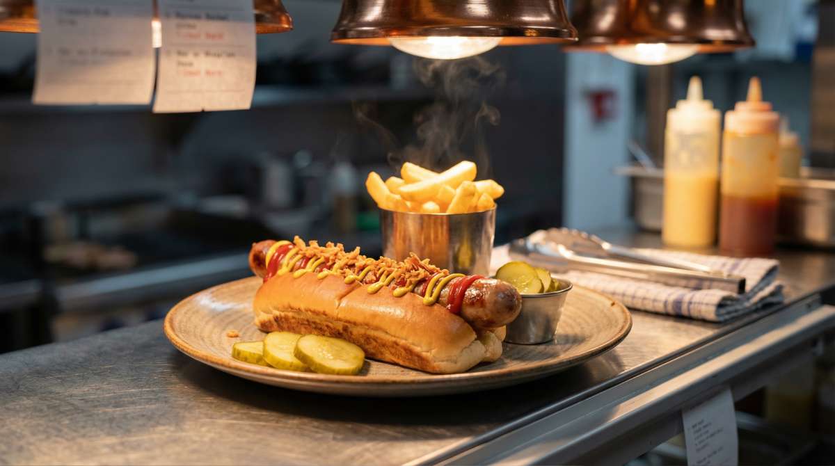 Close-up of a classic pub hot dog on a UK kitchen service pass with thin mustard and ketchup lines, crispy onions and chips in a metal cup
