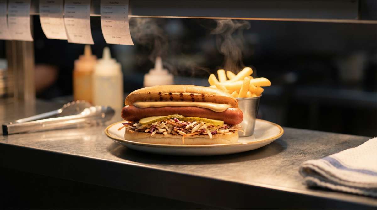 Close-up of a deli slaw hot dog on a UK pub kitchen service pass with a dry robust slaw base, burger sauce line, pickle slices and chips