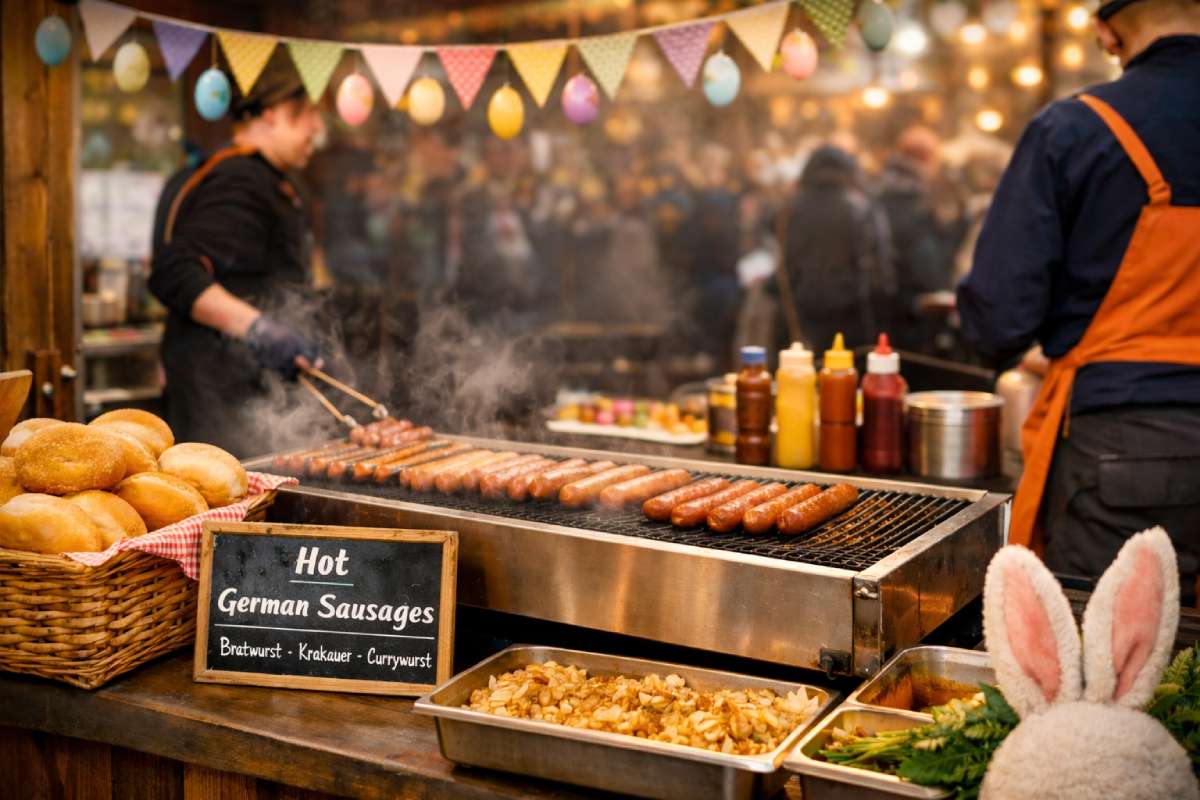German sausage stall at an Easter market with grilled sausages, bread rolls and festive spring decorations