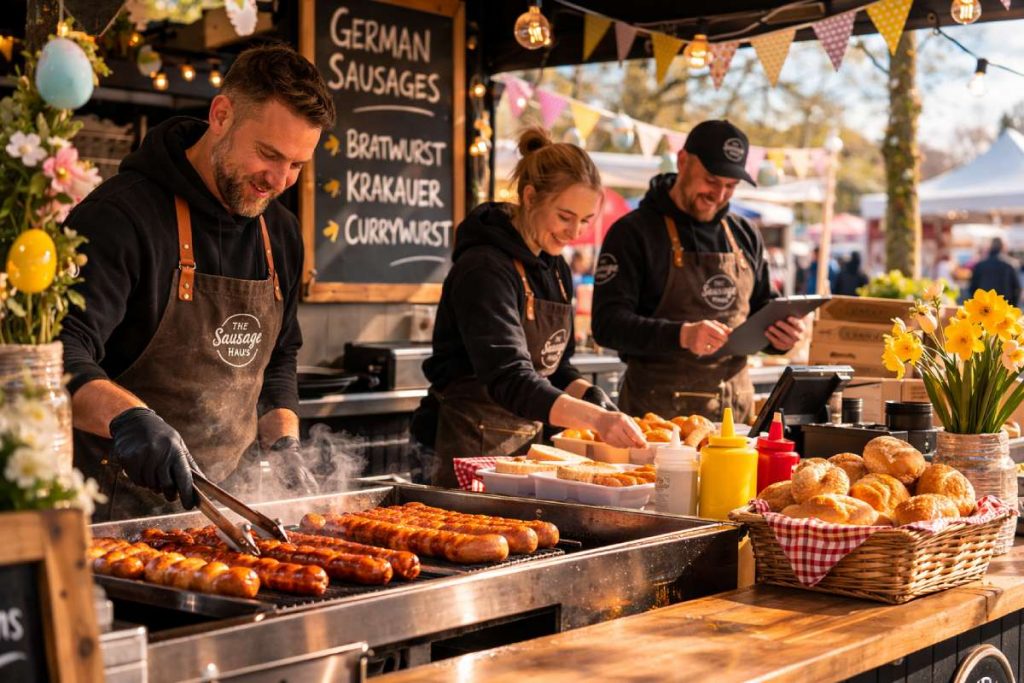 Traders preparing a German sausage stall at a spring Easter market with grilled sausages, buns and seasonal decorations