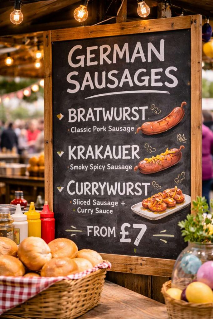 Street food festival sausage menu board with bratwurst, Krakauer and currywurst options at an Easter event