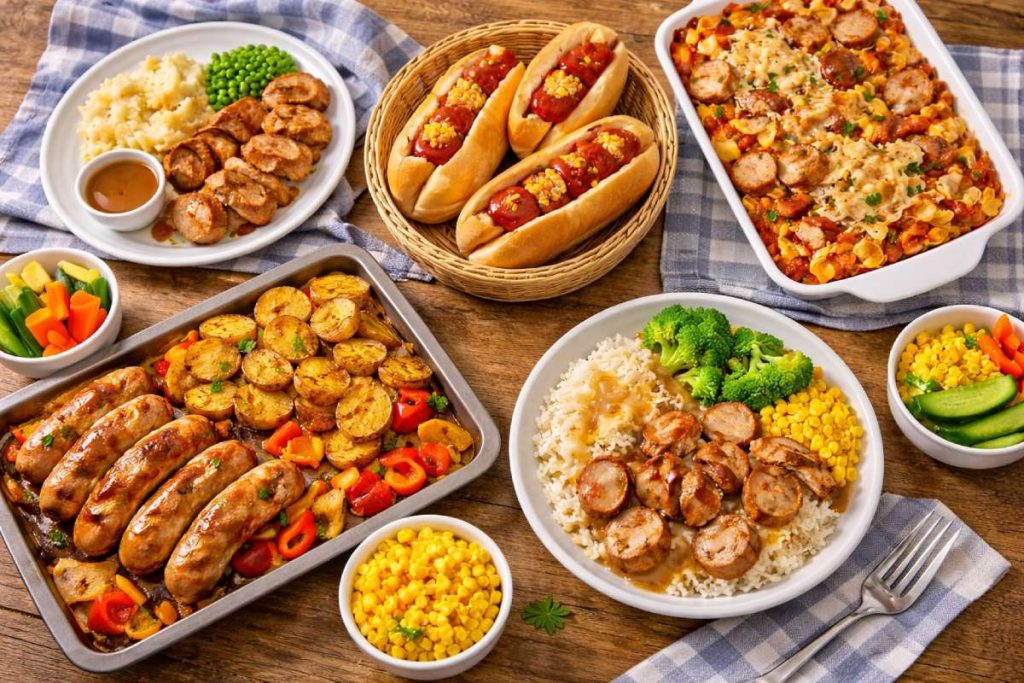 Five family bratwurst meal ideas on a wooden table, including sliced bratwurst with mash and peas, mini bratwurst rolls, mild pasta bake, tray bake with wedges, and a bratwurst rice bowl