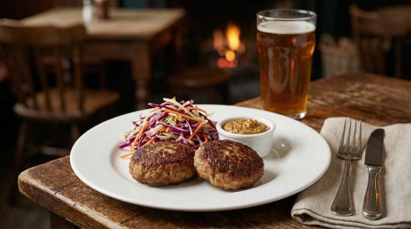 Frikadellen served with beer mustard and crisp slaw on a white plate on a traditional pub table