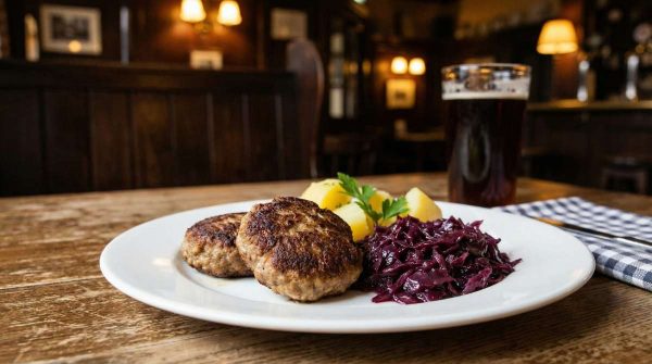 Frikadellen served with red cabbage and potatoes on a white plate on a traditional pub table