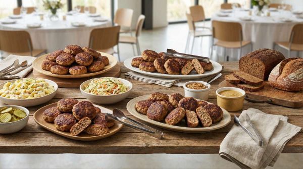 Frikadellen arranged on a buffet table with potato salad, slaw, bread, pickles, and mustard accompaniments in a catering setting