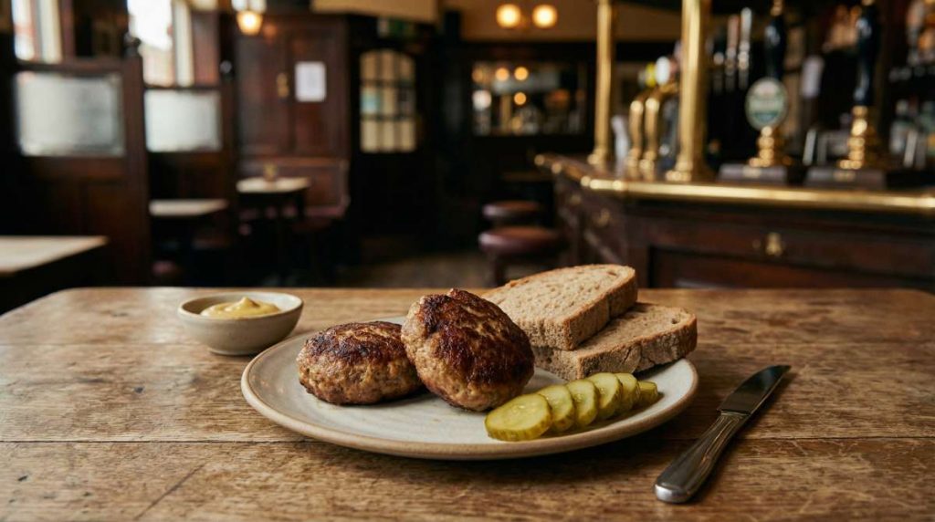 Cold Frikadellen served with sliced pickles and rye bread on a traditional pub table