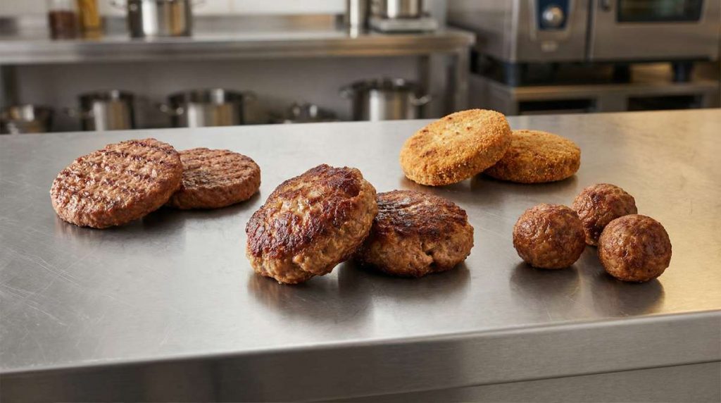 Frikadellen shown side by side with burger patties, meatballs, and British-style rissoles on a stainless steel commercial kitchen worktop