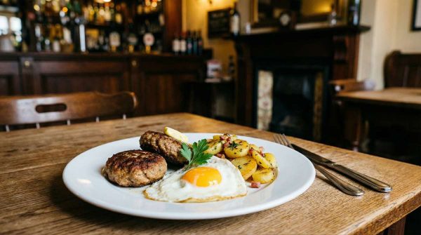 Frikadellen served with a fried egg and pan potatoes on a white plate on a traditional pub table