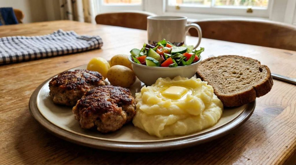 Frikadellen served as a simple weeknight meal in a warm home kitchen or dining setting