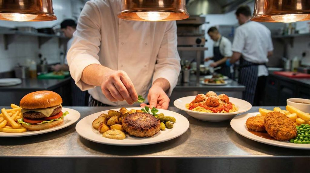 Frikadellen plated with potato salad, mustard, and pickles beside burger, meatball, and rissole dishes on a professional kitchen pass
