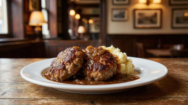 Frikadellen served with creamy mash and rich onion gravy on a white plate on a traditional pub table