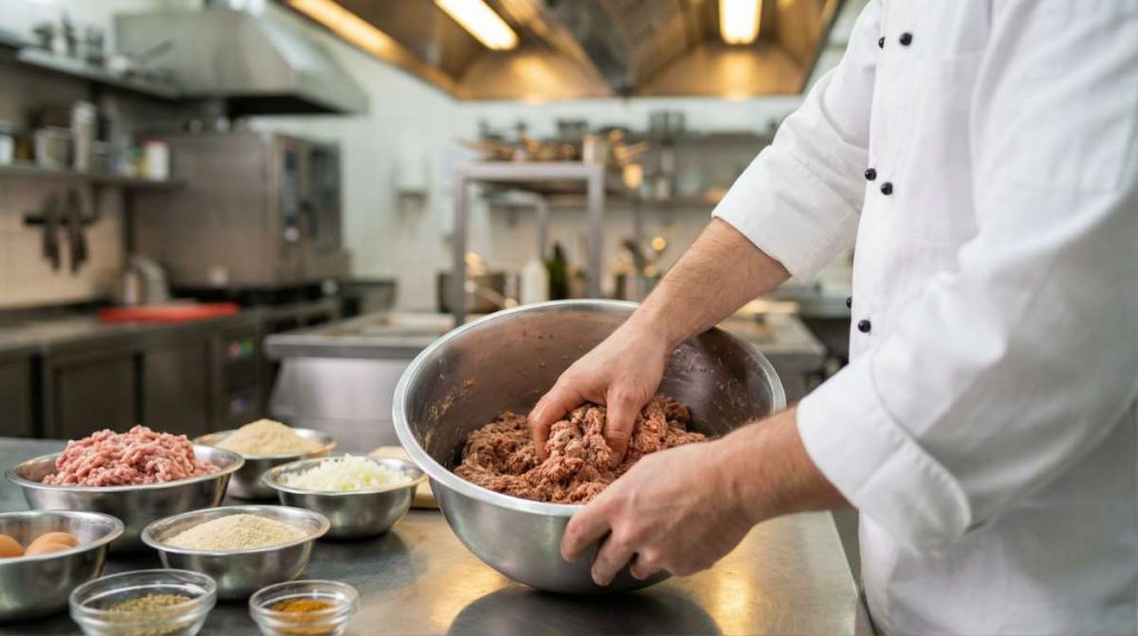 Chef mixing the meat mixture for Frikadellen in a commercial kitchen with the prepared ingredients beside the bowl