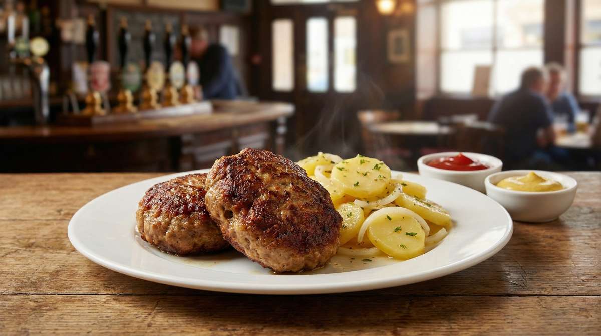 Frikadellen served on a white plate with warm potato salad and dipping sauces in a traditional pub setting