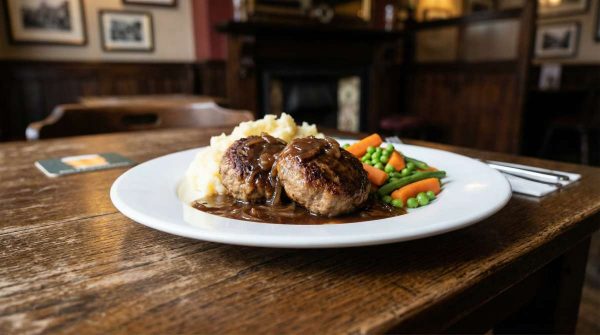 rikadellen served with creamy mash, seasonal vegetables, and gravy on a white plate on a traditional pub table