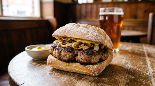 Frikadellen served in a crusty roll with fried onions and mustard on a traditional pub table