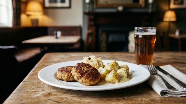 Frikadellen served with sauerkraut and mustard potatoes on a white plate on a traditional pub table