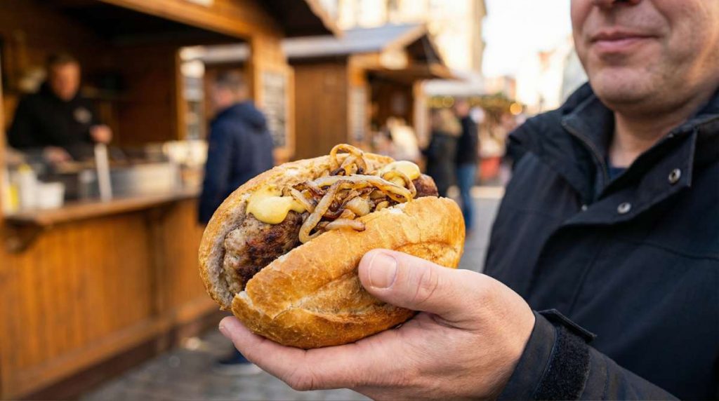 Frikadellen served in a crusty roll with fried onions and mustard in a street food market setting