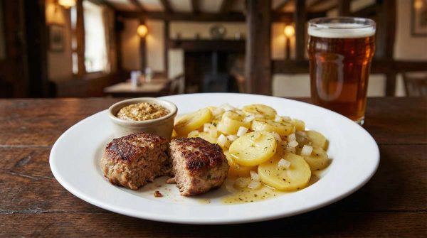 Frikadellen served with warm potato salad and mustard on a white plate on a traditional pub table