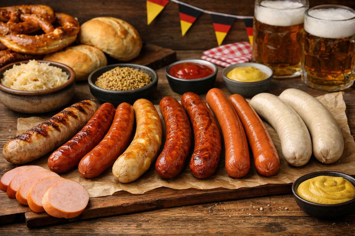 German sausages for beginners - lineup of bratwurst, frankfurters, hotdogs, bockwurst and weisswurst with buns, mustard and sauerkraut
