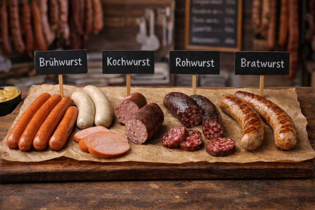 German sausages for beginners - butcher paper display showing Brühwurst, Kochwurst, Rohwurst and Bratwurst in a butcher shop setting