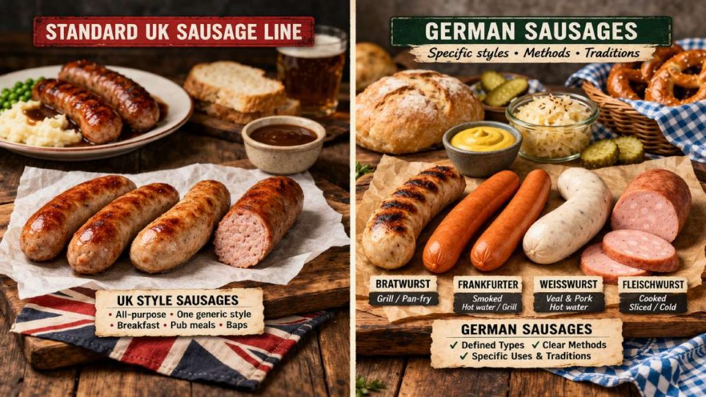 German sausages for beginners - side by side comparison of standard UK sausage lines and more specific German sausage types including bratwurst, frankfurter, weisswurst and fleischwurst