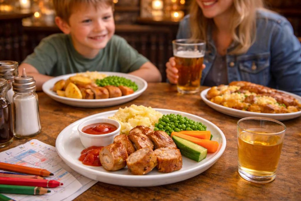 Child-friendly sliced bratwurst plate with mash, peas and vegetable sticks on a family pub table, with a parent and child dining in the background