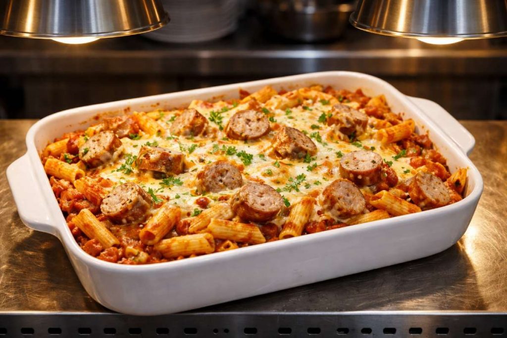 Mild bratwurst pasta bake with sliced German bratwurst, pasta, tomato sauce and melted cheese in a white oven dish under warming lamps in a commercial kitchen pass