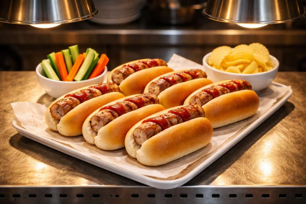 Mini bratwurst rolls with soft buns and mild ketchup served on a tray with cucumber sticks, carrot sticks and crisps in a commercial kitchen pass under warming lamps