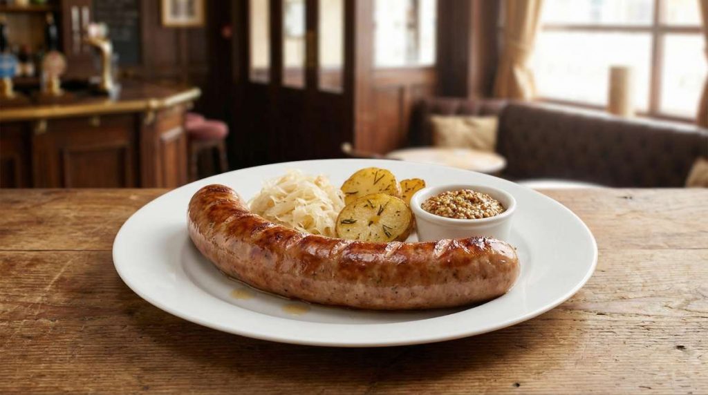 A natural-casing bratwurst on a pub table showing how sausage casings affect shape, surface character and premium presentation.