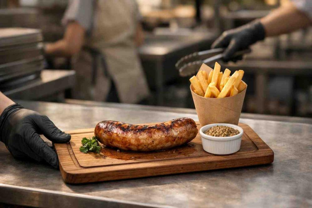 Wide banner photo of a single browned sausage on a wooden board with a paper cone of fries and a ramekin of mustard at a busy beer garden service counter; a gloved hand places the board down while another reaches for tongs in the blurred background, illustrating fast, simple beer garden sausage plates.