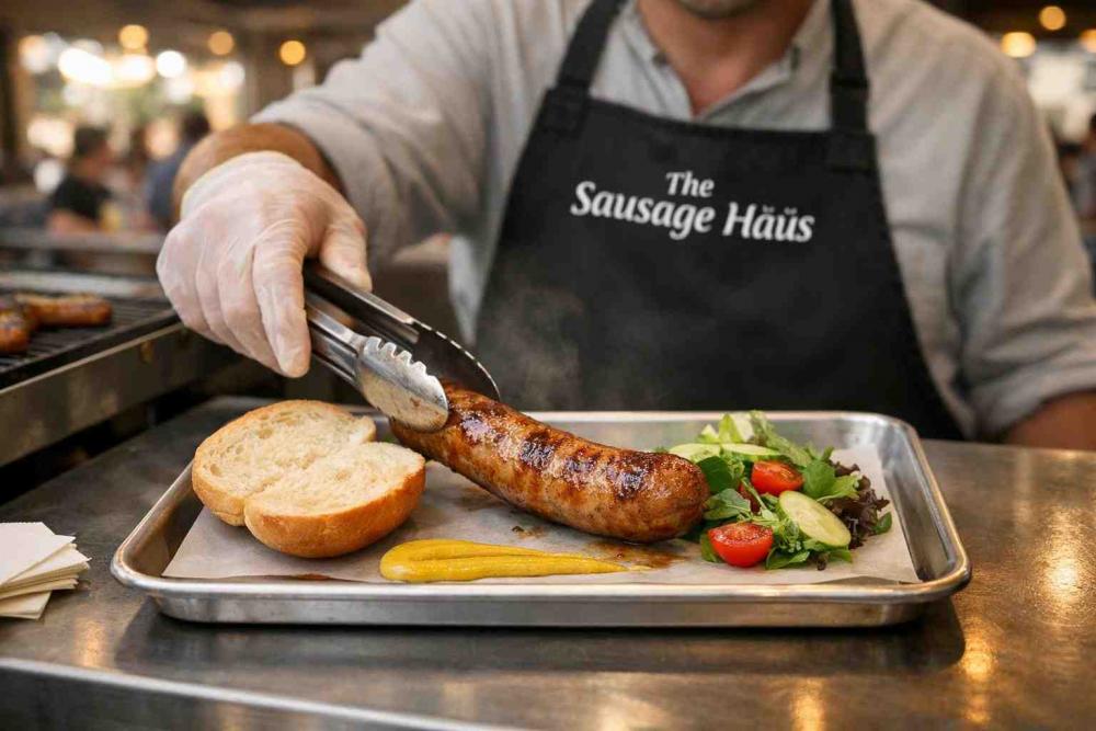 Chef in a branded apron transferring a perfectly browned sausage onto a preassembled beer garden plate with a halved soft roll, a mustard swipe and a compact salad; market stall and queue softly out of focus so the plated beer garden sausage plates remain the primary focus.