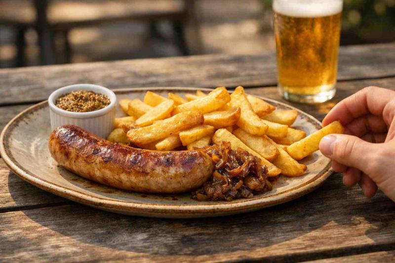 Banner-style photo of a bratwurst with golden pub chips and caramelised curry onions on a rustic oval plate in a sunlit beer garden, a ramekin of mustard at the edge and a chilled beer glass blurred in the background — an appetising, editorial image for beer garden sausage plates.