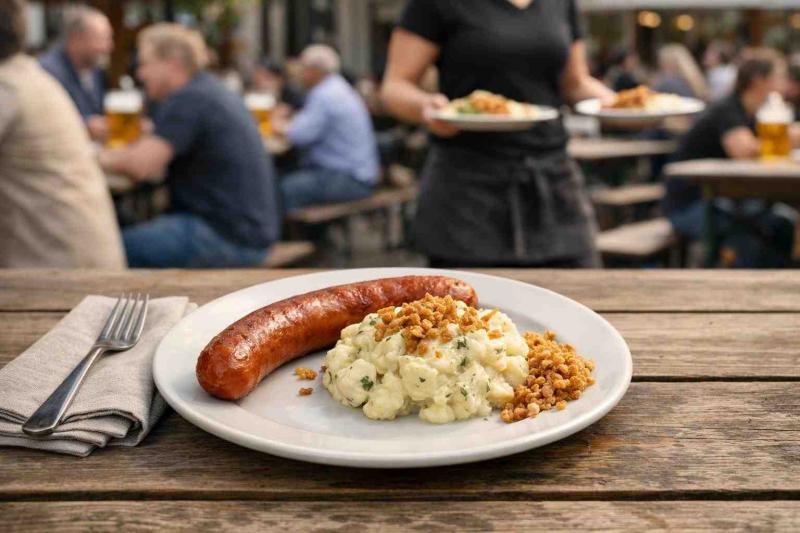 Beer garden sausage plates: smoked 150g frankfurter with a scoop of creamy potato salad and crisp fried onions on a ceramic plate on a weathered wooden beer-garden table, blurred pub terrace and staff in the background.