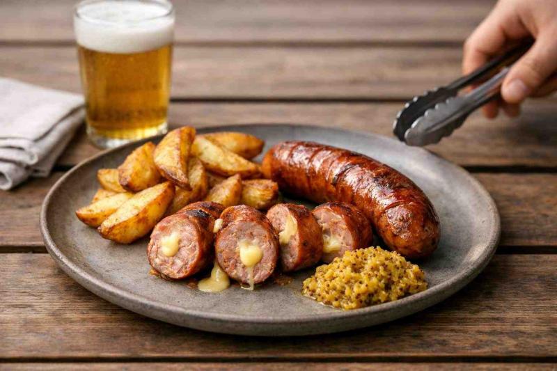 Wide editorial photo of a plated 150g Käsekrainer sausage sliced to show melted cheese, beside golden roasted potato wedges and a neat spoonful of mustard kraut on a rustic ceramic plate on a wood beer-garden table with a beer glass and folded napkin blurred in the background; a server’s hand with tongs appears as supporting context — beer garden sausage plates.