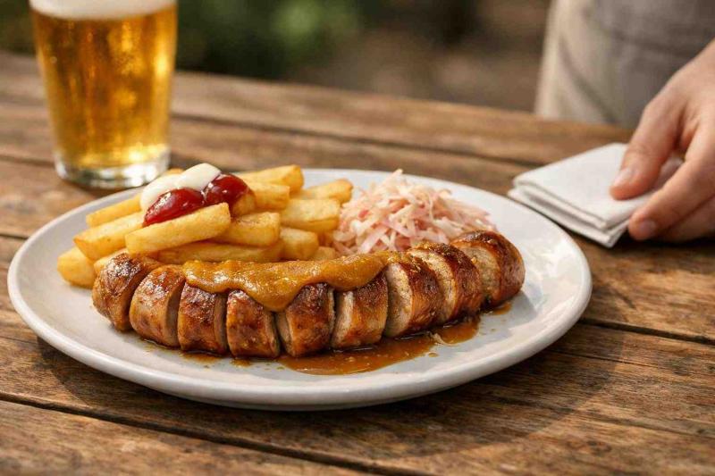 beer garden sausage plates - 5. Currywurst Plate with Chips and Pickled Slaw