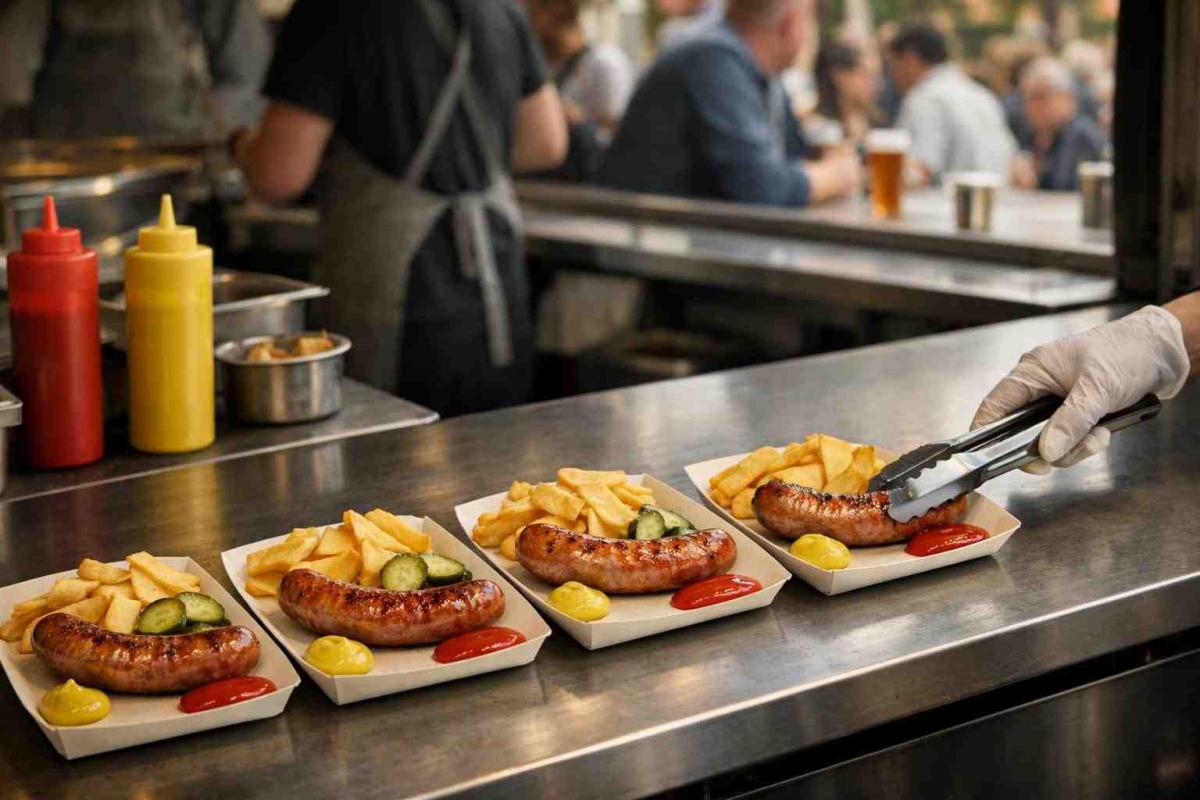 beer garden sausage plates - Photorealistic banner of a beer-garden food stall counter with four identical sausage plates on paper trays; a gloved hand with tongs finishes the last plate while out-of-focus staff and outdoor customers wait at the open window.