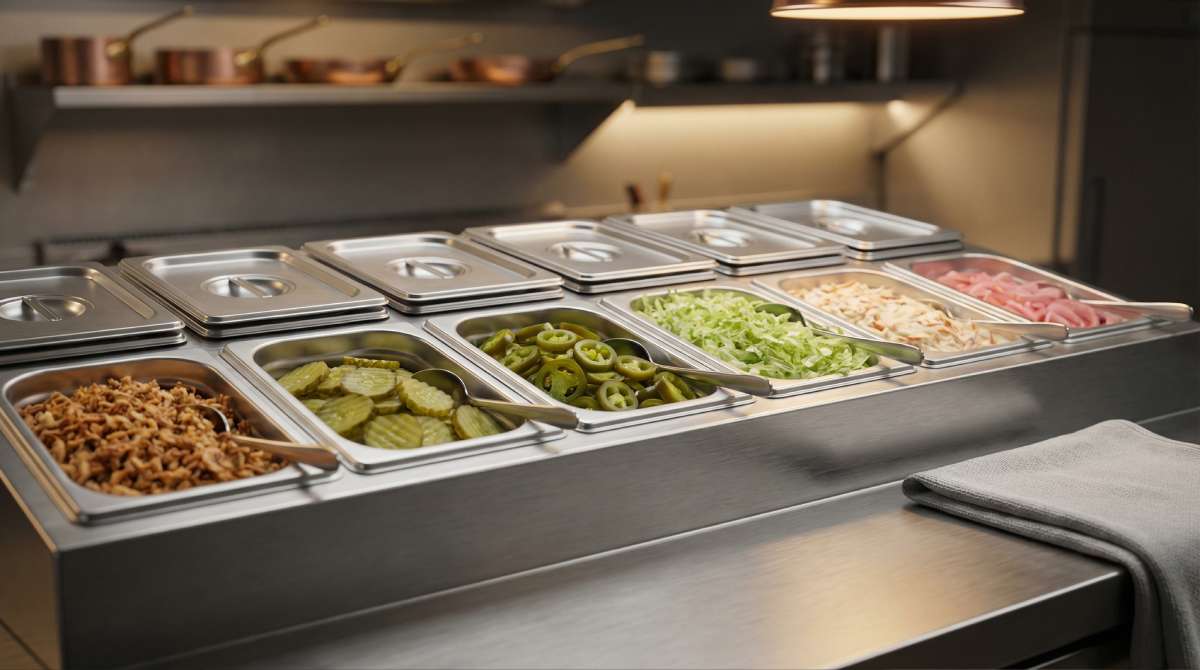 Neat row of gastro tubs on a stainless prep counter with crispy onions, pickles, jalapeños, dry shredded lettuce, robust slaw and pickled onions for a pub hot dog menu