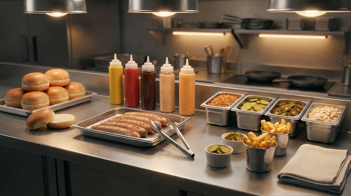 Organised UK pub kitchen prep counter showing buns, sausages, squeeze-bottle sauces, crunchy onions, pickles and portioned sides for a fast pub hotdog menu system