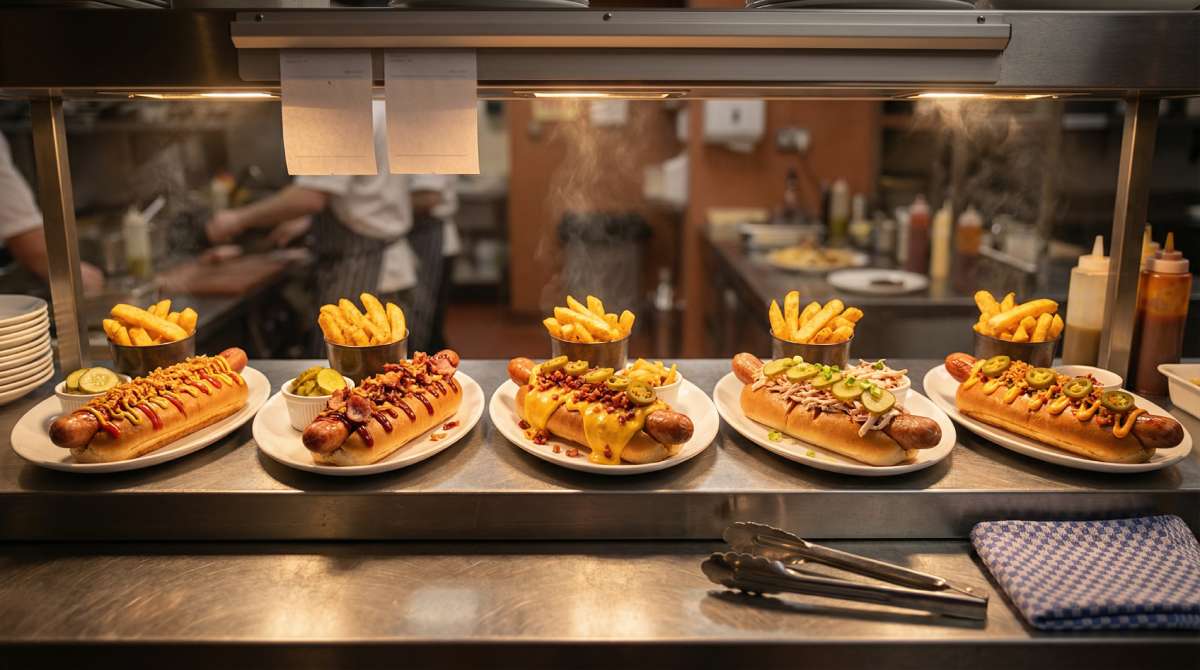 Five plated hot dogs under pub kitchen heat lamps on the service pass, each with chips and different toppings, ready for service