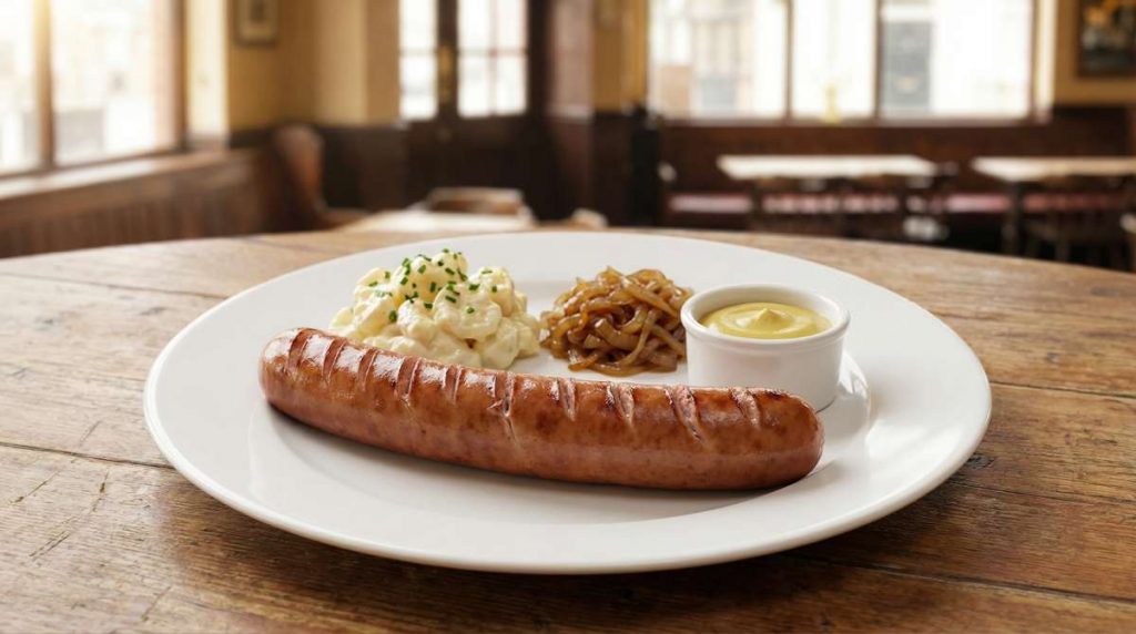 A straight collagen-casing sausage on a pub table showing how sausage casings affect uniform shape, surface splitting and controlled presentation.