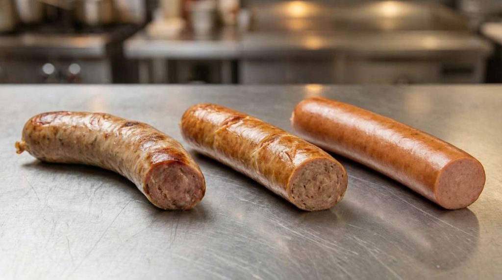 Three cooked German sausages on a commercial prep surface, sliced to show the visual difference between natural casing, collagen casing and skinless format.