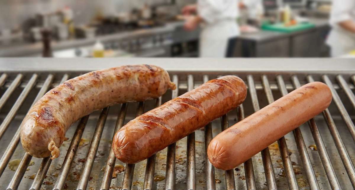 Sausage Casings: Three cooked German sausages on a commercial grill showing the visual difference between natural casing, collagen casing and skinless format.