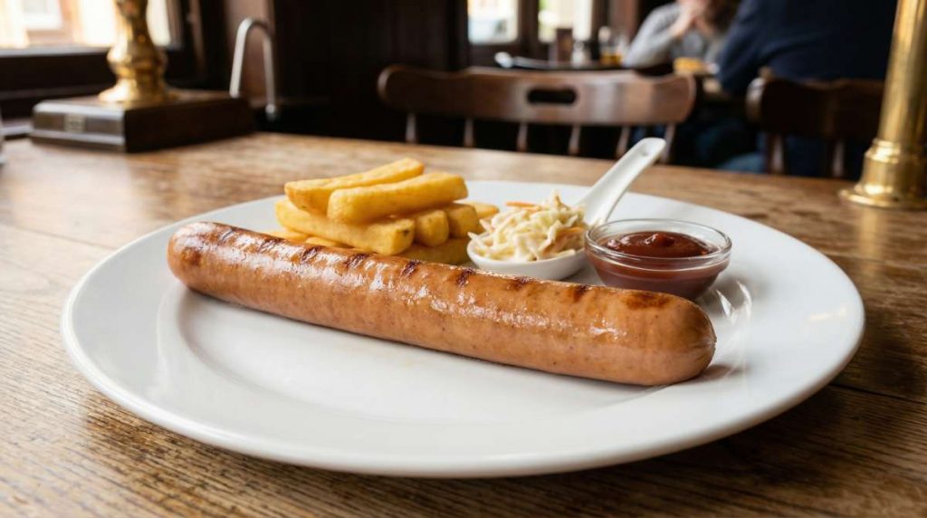 A skinless sausage on a pub table showing how sausage casings affect smooth shape, uniform presentation and easy-eating service style.