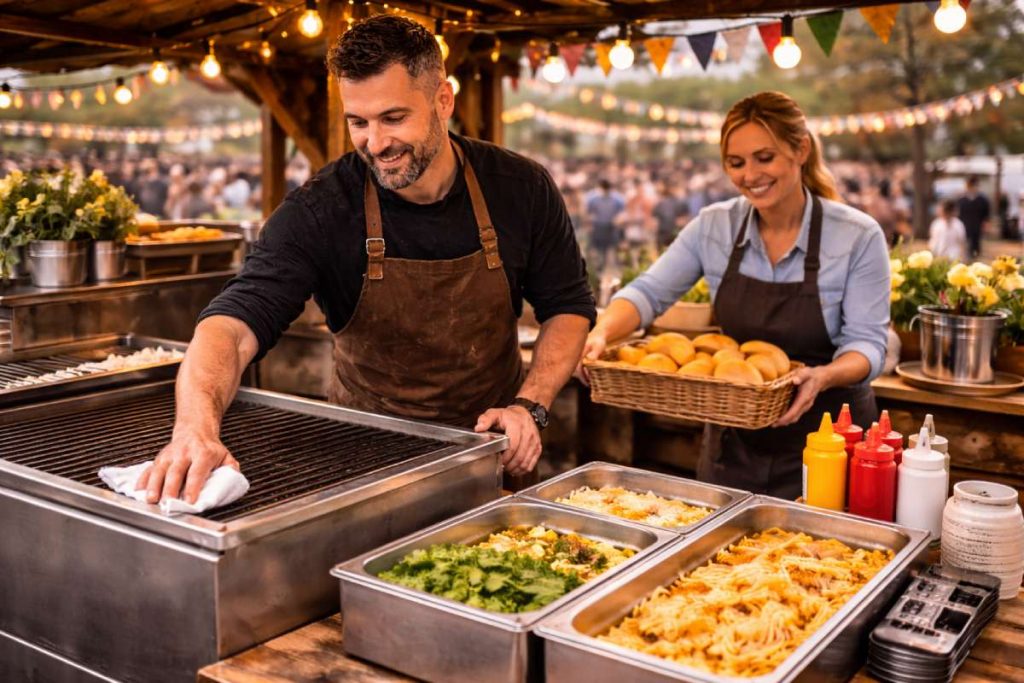 Two chefs setting up a sausage stall before service, with an empty grill, buns, condiments and prep trays ready for the event