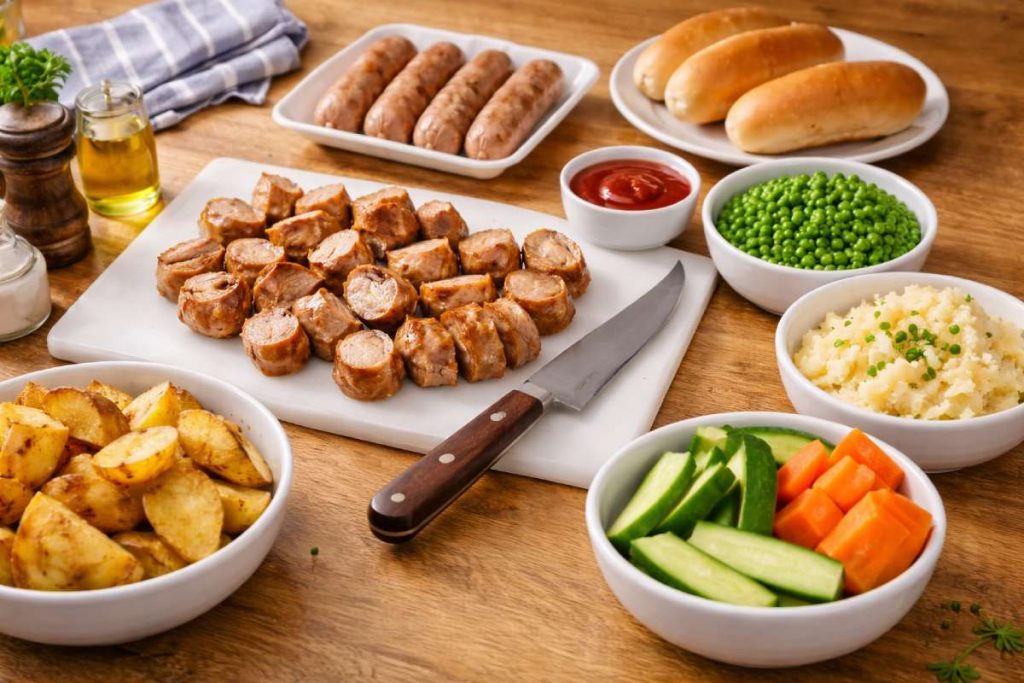 Tidy prep scene with sliced bratwurst, buns, mash, peas, wedges, mild sauce and vegetable sticks arranged for a simple family meal