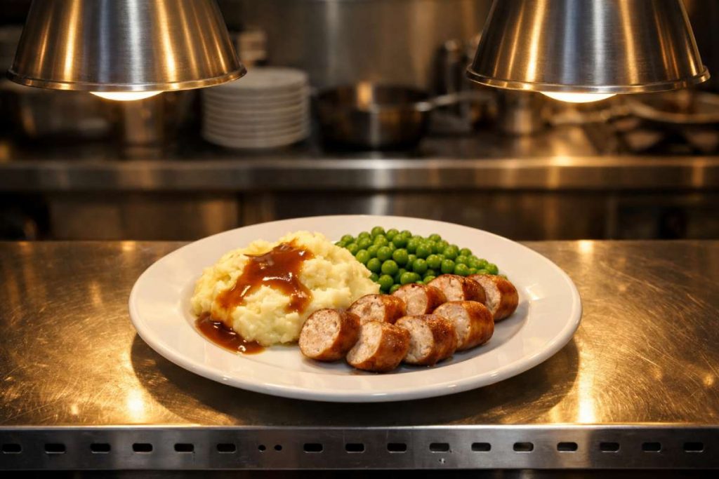 Sliced bratwurst with buttery mashed potato and peas on a white plate in the pass of a commercial kitchen under warming lamps