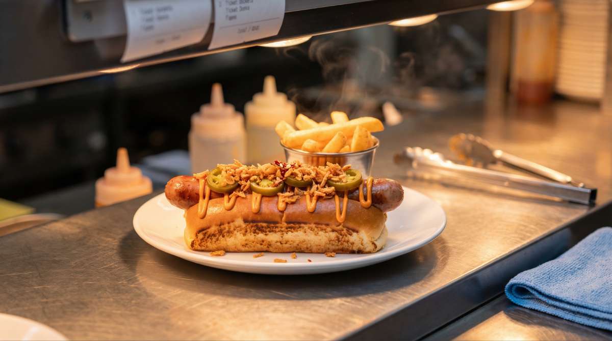 Close-up of a spicy street hot dog on a UK pub kitchen service pass with a thin spicy sauce line, drained jalapeños, crispy onions and chips
