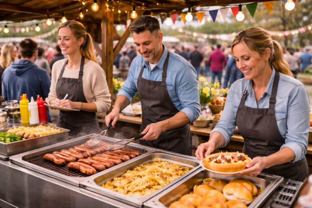 Three catering staff working in clear roles at a sausage stall, with one taking orders, one grilling and one assembling food during an Easter event