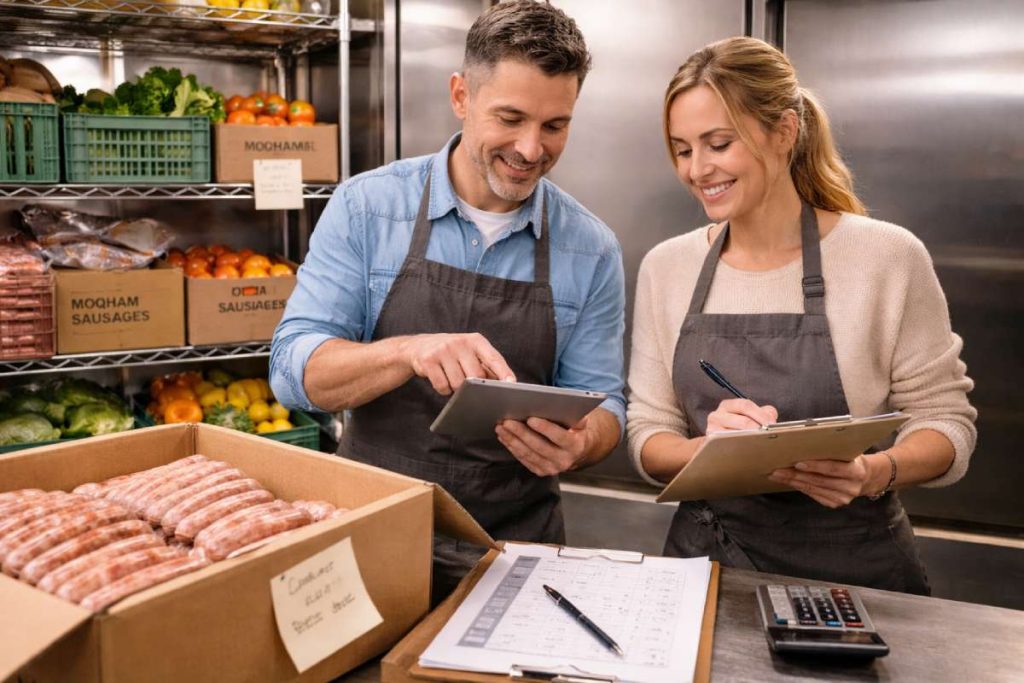 Catering team checking sausage stock levels and order planning in a commercial kitchen before Easter trading